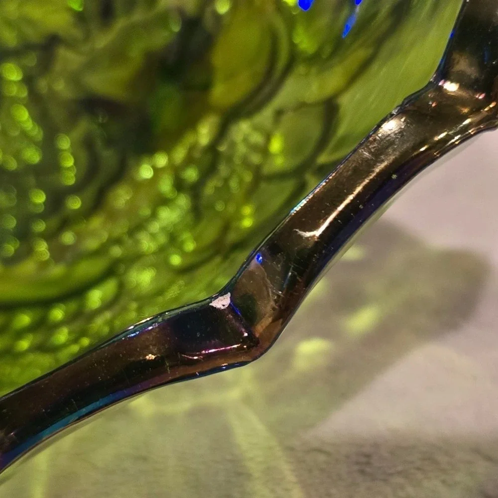 Vintage Indiana Green Carnival Glass Grape Pattern Footed Oval Scalloped Bowl